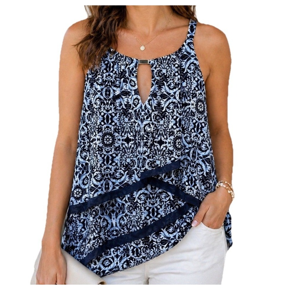 WHBM Blouse M Blue Damask Tiered Halter Sleeveless Chiffon Trim Top